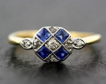 Vintage Art Deco Sapphire Engagement Ring, Two Tone 14k Gold Blue Sapphire Diamond Cluster Ring, Geometric Edwardian Promise Ring for Her