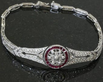 Art Deco Ruby Bracelet in 14k White Gold, Vintage Red Gemstone Filigree Link Bracelet, Antique Style Milgrain Statement Jewelry Birthstone