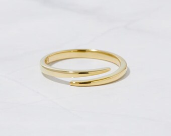 Minimalist 14k Solid Yellow Gold Bypass Ring, Thin Gold Stacking Ring for Women, Modern Wrap Wedding Band, Simple Statement, 10k 18k 925