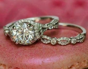 Art Deco Halo Engagement Ring Set, Split Shank Moissanite Bridal Set, 14k White Gold Scalloped Infinity Wedding Band, Vintage Bridal Set