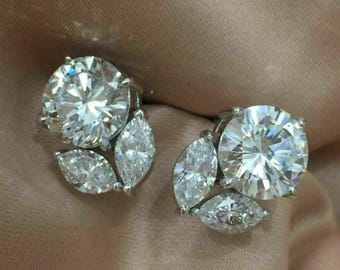 Round and Marquise Cluster Earrings in 14k White Gold, Moissanite Diamond Floral Studs, Unique Bridal Cluster Earrings, Marquise Leaf Gift