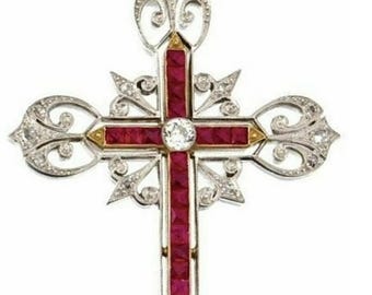 Art Deco Ruby Cross Pendant in 14k White Gold, Vintage Filigree Diamond Cross Necklace, Gothic Religious Jewelry, July Birthstone Gift Her
