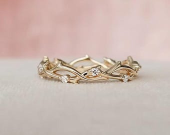 Nature Inspired Twig Wedding Band, 14k Yellow Gold Thorn Branch Ring, Dainty Moissanite Vine Ring, Boho Stacking Band, Forest Jewelry