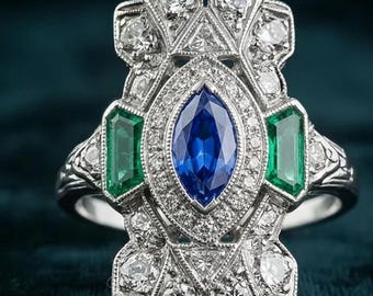 Anel de Noivado com Safira em Formato de Marquise Ornamentada, Anel de Destaque em Filigrana Vitoriana, Conjunto de Esmeraldas e Safiras Azuis, Casamento de Inspiração Vintage