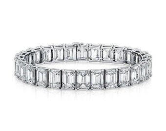 Emerald Cut Moissanite Tennis Bracelet, Solid 14K White Gold Diamond Link Bracelet, Full Eternity Statement Wedding Bangle, Gift for Her
