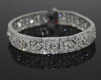 Antique Art Deco Diamond Wide Bracelet, Old European Cut Bezel Set Link Bangle, Solid 14K White Gold Geometric Filigree Bracelet, Gift