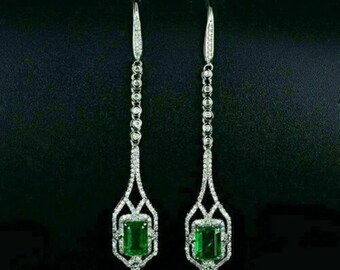 Art Deco Emerald Drop Earrings, Long Diamond Dangle Earrings, Solid 14K White Gold Geometric Chandelier Earrings, May Birthstone Gift
