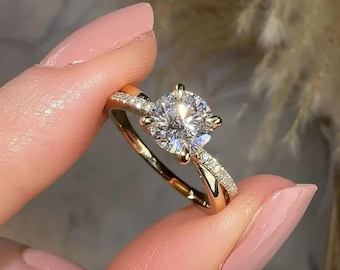 1.25ct Round Cut Lab Grown Diamond Engagement Ring, 14k Solid Yellow Gold Twisted Criss Cross Band, Unique Pavé Solitaire Ring for Her, VS1
