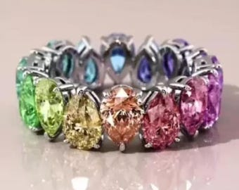 Rainbow Sapphire Eternity Band, Pear Cut Colorful Gemstone Ring, Multi Color Moissanite Wedding Band, 14K Solid White Gold Statement Ring