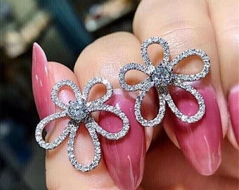 Pave Moissanite Diamond Flower Stud Earrings, 14K Solid White Gold Open Petal Floral Earrings, Cute Statement Jewelry, Gift for Her