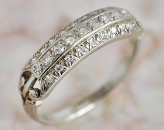 Vintage Double Row Diamond Wedding Band, 14K White Gold Milgrain Eternity Ring, Antique Style Stackable Anniversary Band, Pave Diamond Ring