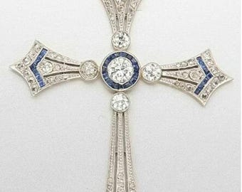 Art Deco Blue Sapphire Cross Pendant, Old European Cut Diamond Cross Necklace, Solid 14K White Gold Geometric Filigree Crucifix Charm