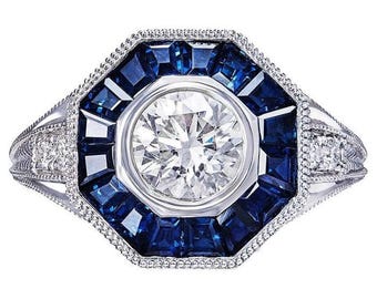 Bague cible en diamants Art déco avec halo de saphirs, bague de fiançailles en moissanite taille ronde en or blanc 14 carats, bague octogonale vintage