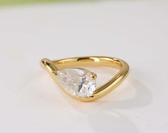 Pear Cut Moissanite Engagement Ring in 14k Solid Yellow Gold, Unique Curved Wave Band Solitaire, Pear Shaped Diamond Ring, Minimalist