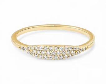 Dainty Pave Diamond Ring, 14k Solid Gold Tapered Stacking Band, Minimalist Micro Pave Wedding Ring, Elegant Gold Anniversary Ring for Her