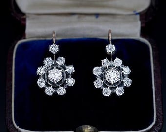 Antique Victorian Diamond Drop Earrings, Old Mine Cut Cluster Earrings, Solid 14K White Gold Leverback Dangle Earrings, Vintage Georgian
