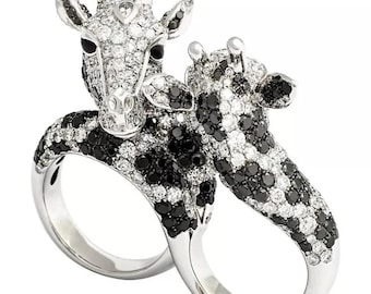 Unique Giraffe Two Finger Ring, Black and White Diamond Statement Ring, Solid 14K White Gold Animal Cocktail Ring, Pave Moissanite Avant