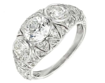 Vintage Art Deco Three Stone Engagement Ring, Round Cut Moissanite Bezel Set Anniversary Ring, Filigree Engraved Wedding Ring for Women