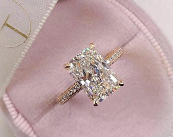 Radiant Cut Engagement Ring, 14k Rose Gold Hidden Halo Ring, Radiant Moissanite Solitaire, Pavé Diamond Band, Luxury Bridal Ring for Her