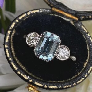 Vintage Bezel Set Aquamarine Ring, Three Stone Emerald Cut Engagement Ring, Art Deco Sterling Silver, Milgrain Antique Bridal Jewelry