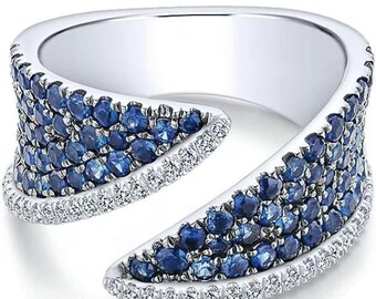 Blue Sapphire Bypass Ring, Pave Diamond Wrap Ring for Women, Solid 14K White Gold Statement Ring, Unique Open Cuff Cocktail Ring