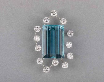 Emerald Cut Indicolite Blue Tourmaline Brooch, Round Moissanite Diamond Pin, Solid 14K White Gold Abstract Statement Brooch, Gift for Her