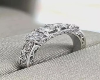 Alliance vintage en rouleau en filigrane or blanc 14 carats, bague en moissanite gravée Art nouveau, bande gravée floral complexe, bague victorienne