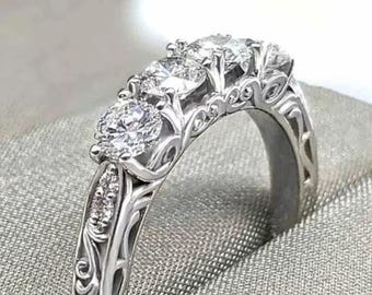 Vintage Five Stone Diamond Band in White Gold, Filigree Engraved Wedding Ring, Antique Style Anniversary Band, Ornate Stackable Silver Ring