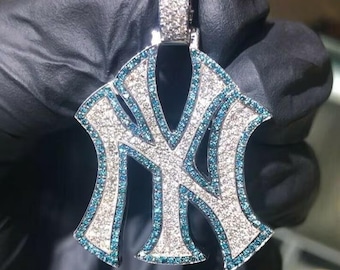 Iced Out NY Yankees Logo Pendant, Blue & White Moissanite Diamond Custom Charm, Solid 14K White Gold Hip Hop Sports Pendant, Gift