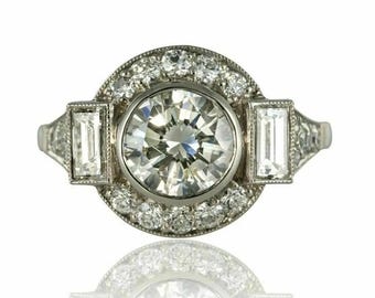 Vintage Art Deco Bezel Engagement Ring, Baguette Side Stone Moissanite Ring, 14k White Gold Halo Anniversary Ring, Retro Unique Bridal Ring