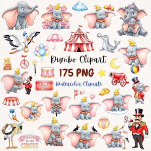 Peut inclure: Une collection de cliparts aquarelle mettant en vedette Dumbo l'éléphant et des éléments sur le thème du cirque. Comprend des images de Dumbo avec ses grandes oreilles, des chapiteaux et d'autres personnages de cirque. Le texte "Dumbo Clipart 175 PNG Watercolor Cliparts" est également présent.