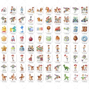 May include: A collection of colorful digital illustrations featuring characters and elements from a popular animated movie. The images include various characters, toys, and themed objects, perfect for children's decor or themed crafts.
