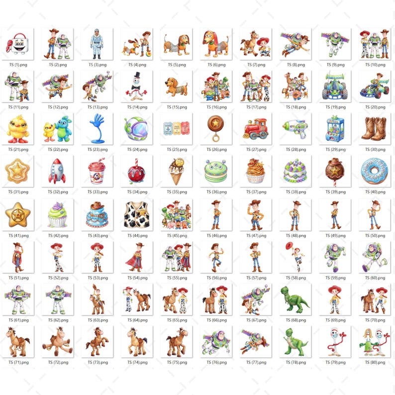 May include: A collection of colorful digital illustrations featuring characters and elements from a popular animated movie. The images include various characters, toys, and themed objects, perfect for children's decor or themed crafts.