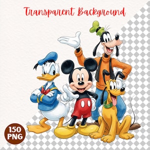 K&ouml;nnte beinhalten: Eine digitale Illustration mit Mickey Maus, Donald Duck, Goofy und Pluto. Mickey tr&auml;gt rote Shorts, Donald ein blaues Matrosenoutfit, Goofy einen orangefarbenen Pullover mit Weste und Pluto ist gelb. Der Text lautet Transparent Background 150 PNG.