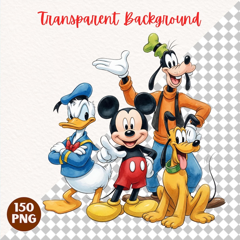 K&ouml;nnte beinhalten: Eine digitale Illustration mit Mickey Maus, Donald Duck, Goofy und Pluto. Mickey tr&auml;gt rote Shorts, Donald ein blaues Matrosenoutfit, Goofy einen orangefarbenen Pullover mit Weste und Pluto ist gelb. Der Text lautet Transparent Background 150 PNG.