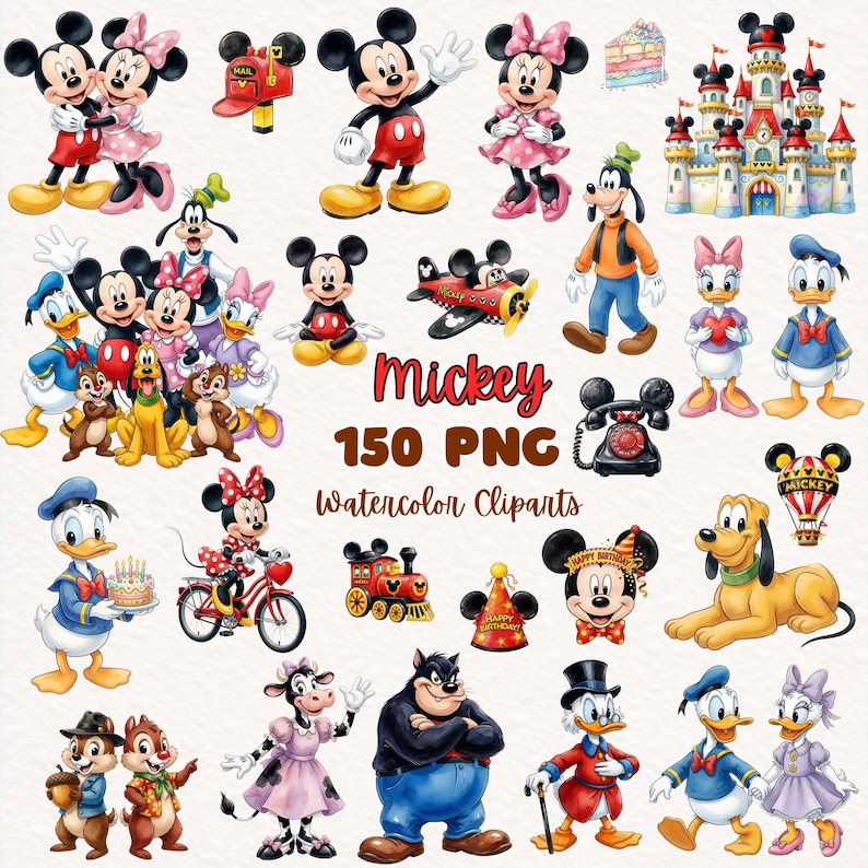 Micky Maus und Freunde Aquarell Clipart, Micky und Minnie Maus Geburtstagsparty, Micky Maus Kuchen Topper, Micky Maus Clubhaus Schloss PNG Bild 1