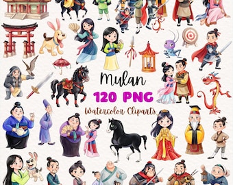 Mulan Aquarell Cliparts 120 PNG, Mulan Geburtstag, Mushu, Li Shang, CriKee, Khan, süße alte chinesische Prinzessin, Baby Mulan Märchenprinzessin