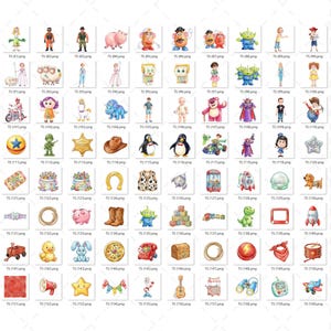 May include: A collection of watercolor illustrations featuring characters and objects from a popular animated movie. Includes a cowboy hat, a pig, a dinosaur, a rocket, and other toys. The images are in a square format.