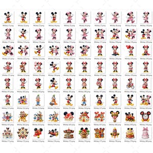 K&ouml;nnte beinhalten: Eine digitale Sammlung von achtzig einzelnen Grafikdateien, die Mickey Maus und Minnie Maus in verschiedenen Posen, Outfits und Aktivit&auml;ten zeigen, neben Illustrationen von thematischen Geb&auml;uden, Fahrzeugen und Deko-Objekten, beschriftet Mickey (1) bis (80).