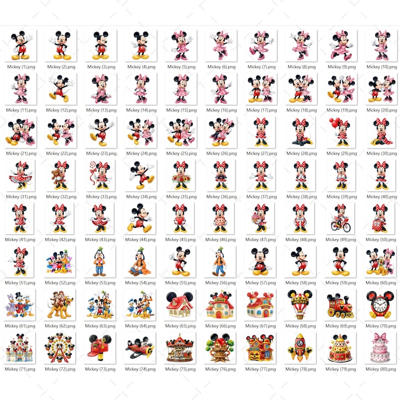 K&ouml;nnte beinhalten: Eine digitale Sammlung von achtzig einzelnen Grafikdateien, die Mickey Maus und Minnie Maus in verschiedenen Posen, Outfits und Aktivit&auml;ten zeigen, neben Illustrationen von thematischen Geb&auml;uden, Fahrzeugen und Deko-Objekten, beschriftet Mickey (1) bis (80).