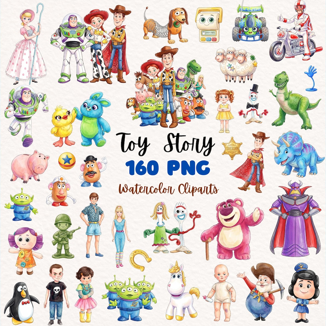 Toy Story Watercolor Clipart, Woody, Jessie, Buzz Lightyear and Friends, Toy Story Birthda