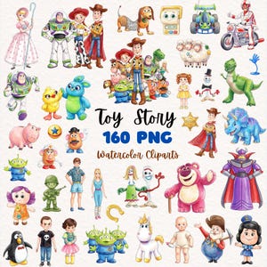 May include: A collection of watercolour clip art featuring characters from the animated film "Toy Story." The image includes various characters such as Woody, Buzz Lightyear, and others, along with the text "Toy Story 160 PNG Watercolor Cliparts."
