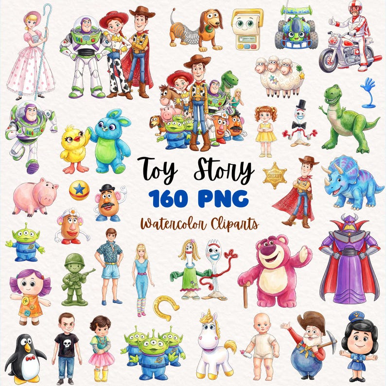 May include: A collection of watercolor clip art featuring characters from the animated film "Toy Story." The image includes various characters such as Woody, Buzz Lightyear, and others, along with the text "Toy Story 160 PNG Watercolor Cliparts."
