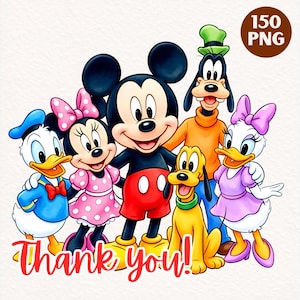 K&ouml;nnte beinhalten: Eine digitale Illustration mit Mickey Maus, Minnie Maus, Donald Duck, Daisy Duck, Goofy und Pluto. Die Figuren sind farbenfroh und l&auml;cheln. Der Text Thank you! steht in roter Schrift unten, und 150 PNG befindet sich in einem Kreis.