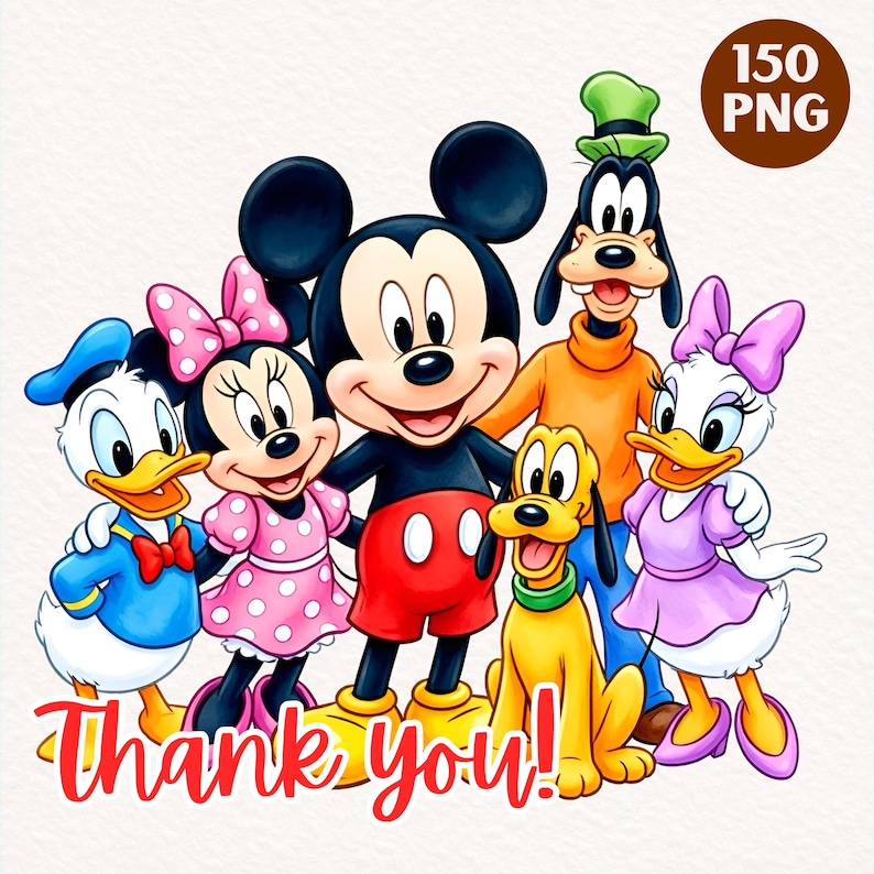 K&ouml;nnte beinhalten: Eine digitale Illustration mit Mickey Maus, Minnie Maus, Donald Duck, Daisy Duck, Goofy und Pluto. Die Figuren sind farbenfroh und l&auml;cheln. Der Text Thank you! steht in roter Schrift unten, und 150 PNG befindet sich in einem Kreis.
