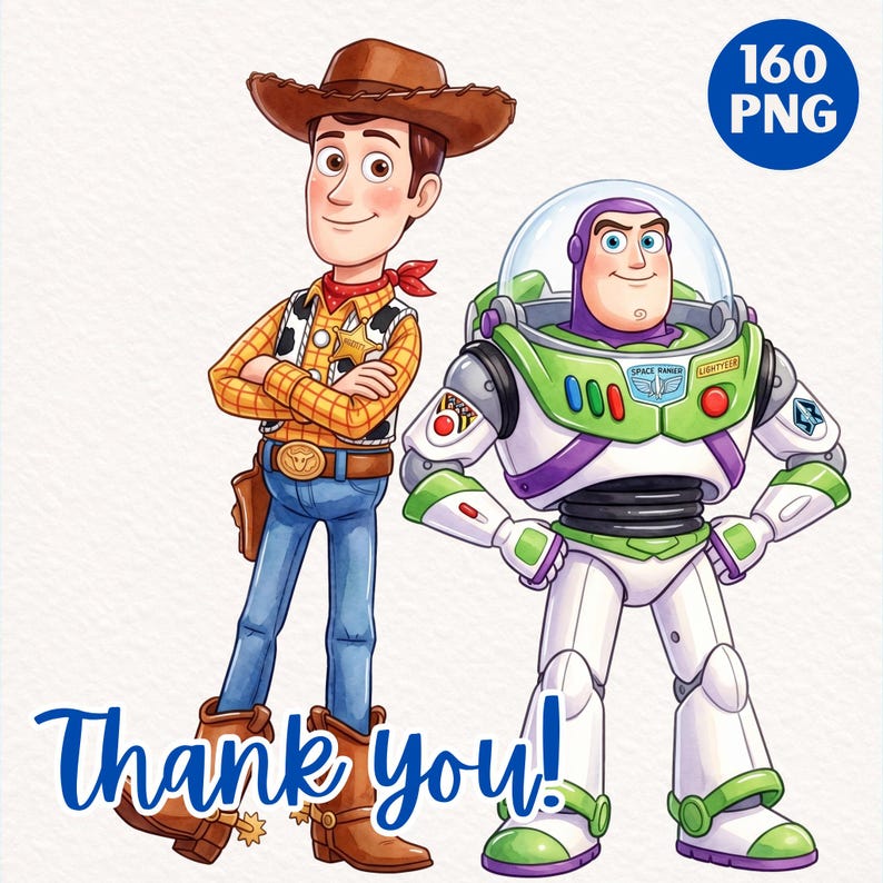 May include: Illustration of Woody and Buzz Lightyear from Toy Story. Woody is in a cowboy hat, yellow shirt, blue jeans, and boots. Buzz Lightyear is in a white and green spacesuit. The words "Thank you!" are written in blue.