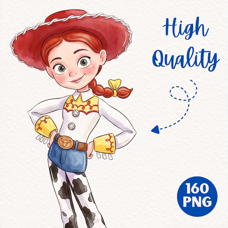 May include: Watercolor illustration of a cartoon character in a red hat and cowgirl outfit. The character has red hair and is smiling. The image includes the text "High Quality" and "160 PNG".