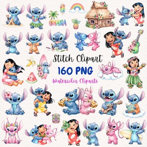 May include: A collection of watercolor clip art featuring the character Stitch from the Disney movie Lilo & Stitch. The images include Stitch in various poses, with other characters, and tropical elements like a rainbow, pineapple, and a Hawaiian house.