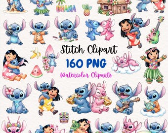 Clipart de acuarela de Stitch Lilo, lindo ángel de Lilo y Stitch PNG, cumpleaños de Stitch, adorno para tarta de Stitch, cliparts hawaianos, amor de ángel de Stitch PNG
