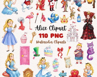 Alice im Wunderland Clipart, Grinsekatze, verrückter Hutmacher, Teeparty, Kaninchen PNG, Königin Croquet Boden, weißes Kaninchen, Aquarell-Wunderland PNG